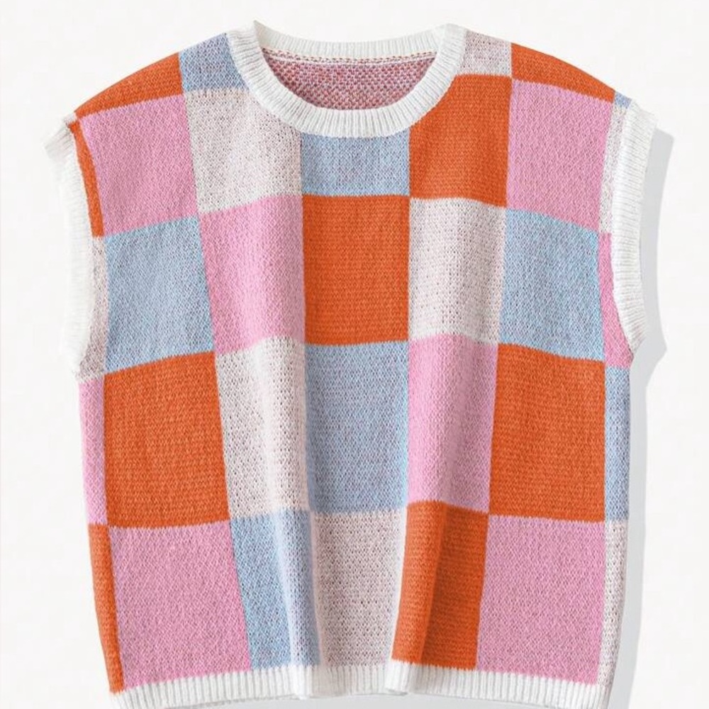 Colorblock Checkered Knit Sweater Vest | Size XL | Cozy Retro Style